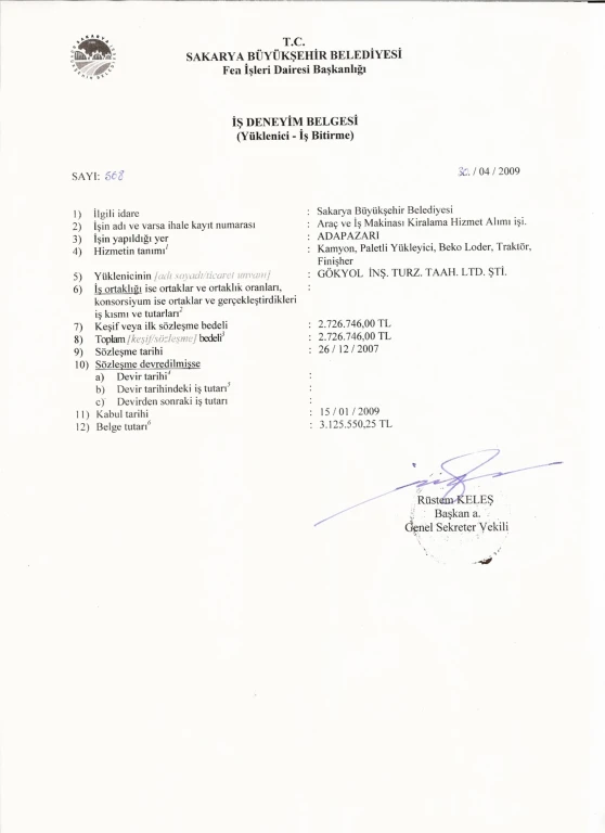 SAKARYA BÜYÜKŞEHİR BELEDİYESİ ARAÇ ve İŞ MAKİNASI KİRALAMASI 2008